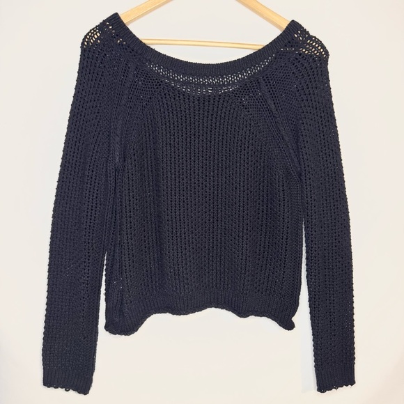 Free People Navy Blue Waffle Open Knit Boat Neck Sweater Size Small - Picture 7 of 8